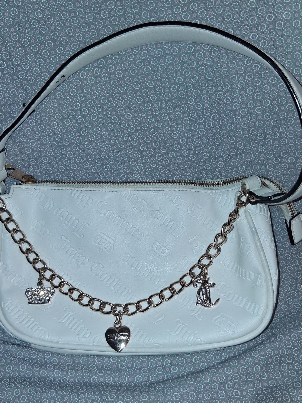 Juicy Couture Debossed Monogram Shoulder Bag with Chain Charms White